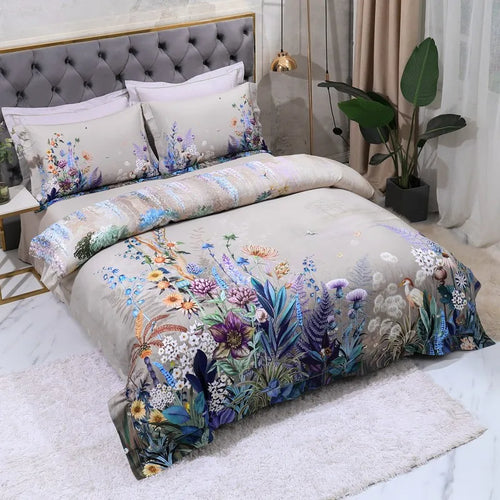 Beige Egyptian cotton bedding with colorful botanical flowers and peacock artwork in a modern bedroom – L&B