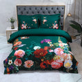 Emerald green floral duvet cover set with vivid oversized botanical blooms in pink, red, blue and orange – L&B