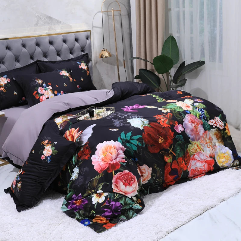 Black floral duvet cover and matching shams with bold rose and peony-inspired garden motifs – L&B