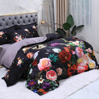 Black floral duvet cover and matching shams with bold rose and peony-inspired garden motifs – L&B
