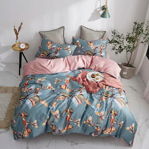 Dusty blue Egyptian cotton bedding with colorful parrots and tropical flowering branches – L&B
