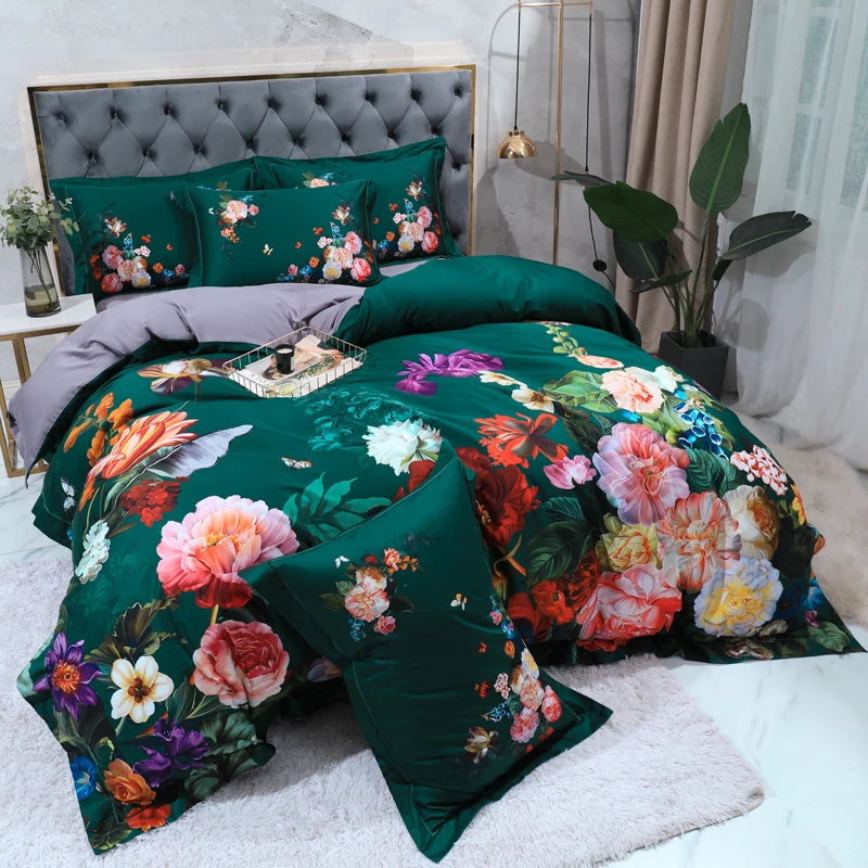Emerald floral duvet cover and coordinating shams with bold painterly garden blooms – L&B