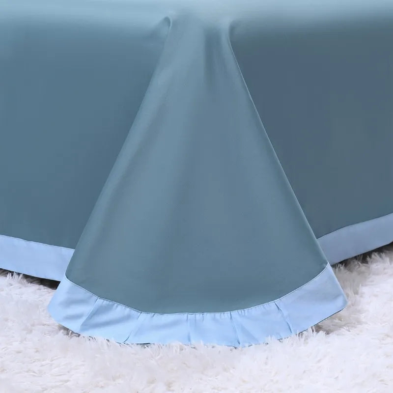Teal blue flat sheet with Sky-Blue Pleated Trim for modern bedroom– L&B