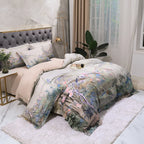 Angled view of ORIENTALIC ivory Chinoiserie duvet cover set with panoramic floral artwork – L&B