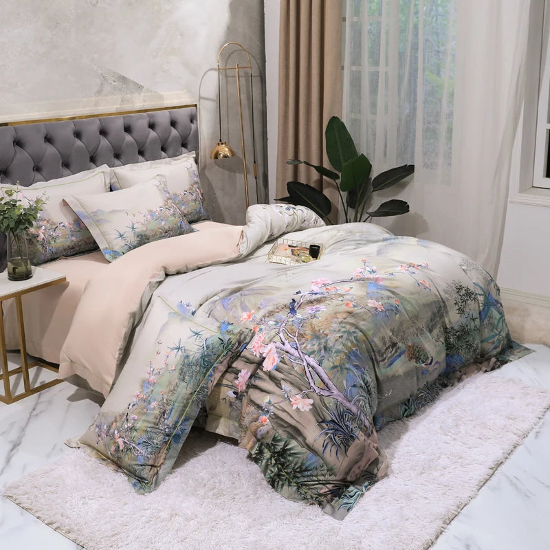 Angled view of ORIENTALIC ivory Chinoiserie duvet cover set with panoramic floral artwork – L&B