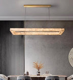 Illuminated Alabaster Linear Chandelier Installed in Modern Gray Dining Room - L&B