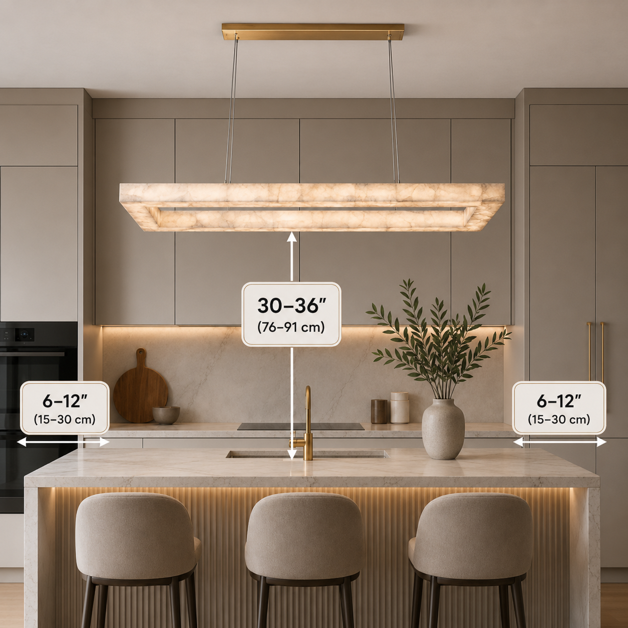 Kitchen island pendant light height and spacing guide showing 30–36 inches above the countertop and 6–12 inches from island edges – L&B