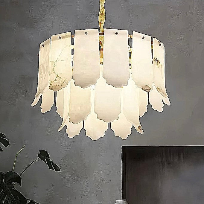 2-tier alabaster statement chandelier with sculptural petal panels in a modern living room - L&B