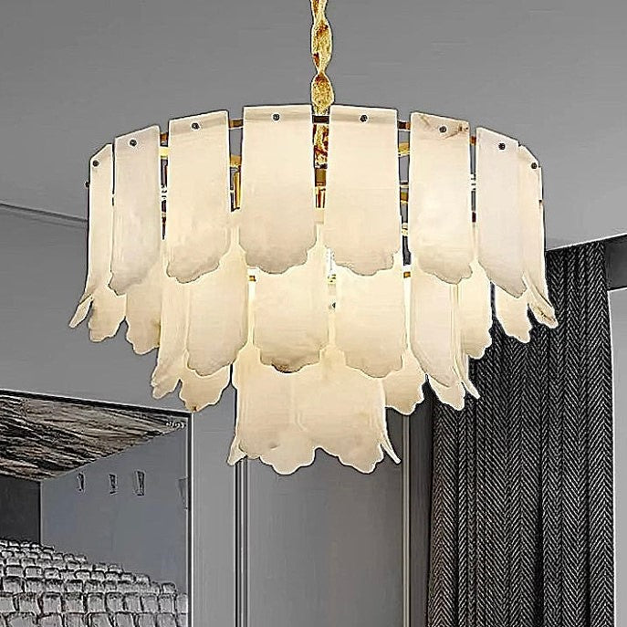 3-tier alabaster chandelier with layered natural stone panels and a gold frame - L&B