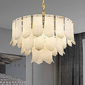 3-tier alabaster chandelier with layered natural stone panels and a gold frame - L&B