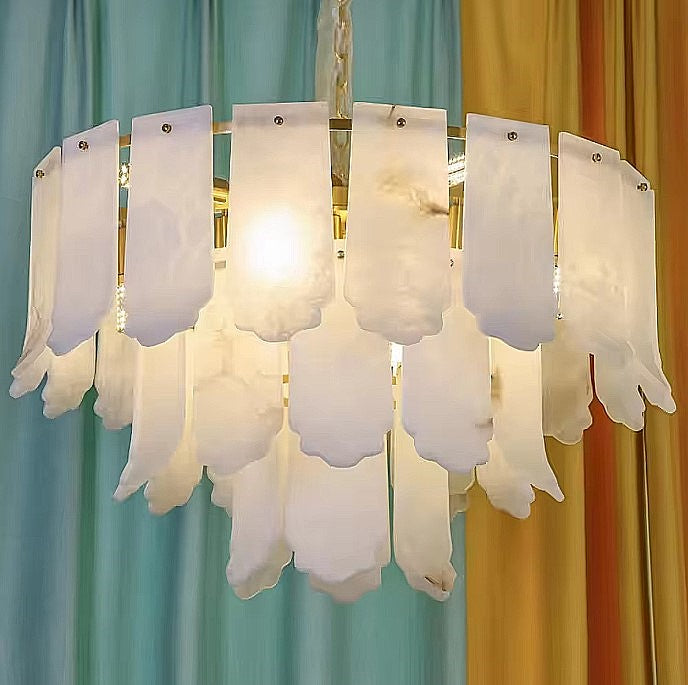 Statement 3-tier alabaster chandelier with sculptural stone panels and warm lighting - L&B