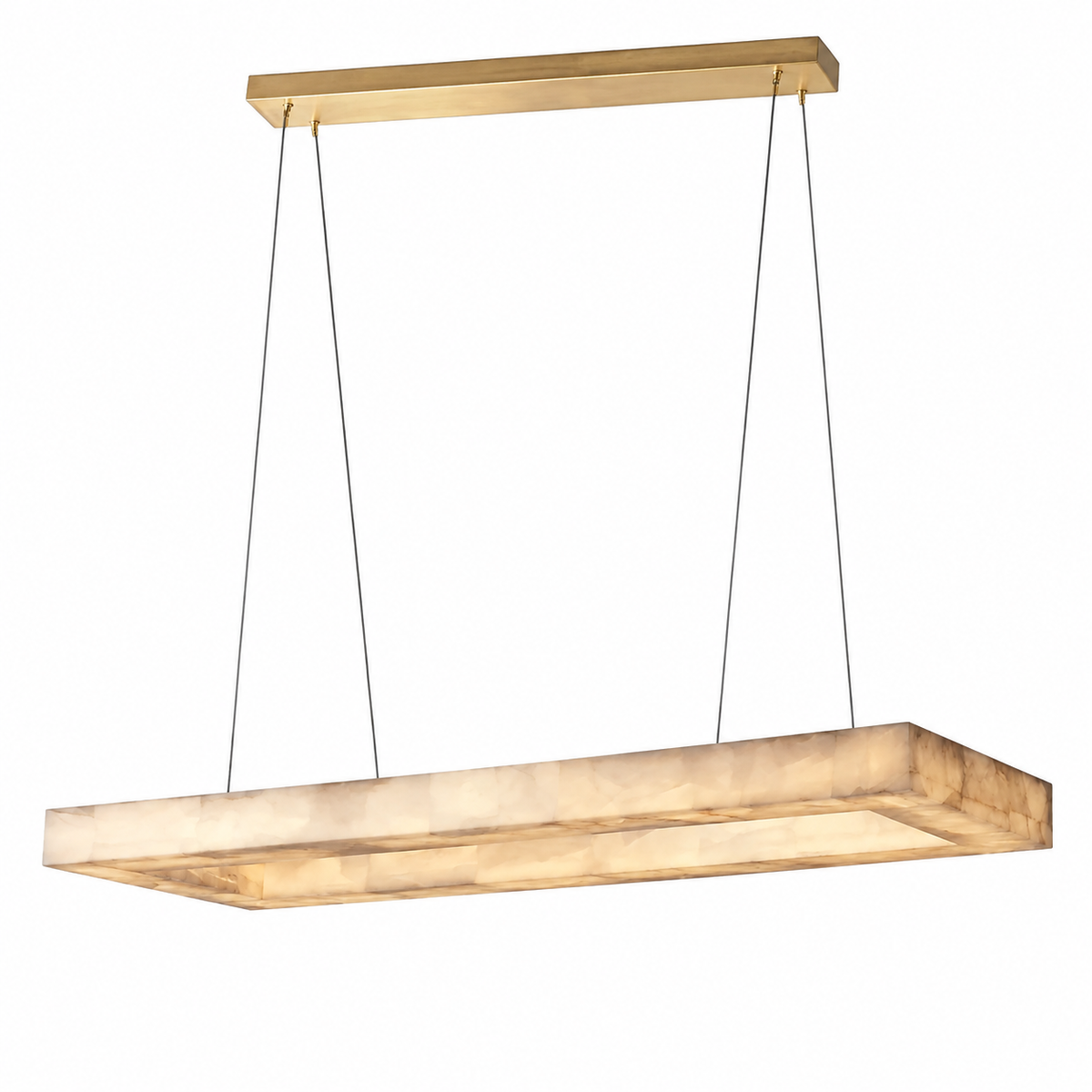 Natural Alabaster Linear Chandelier with Gold Canopy and Rectangular Open-Frame Design on White Background - L&B