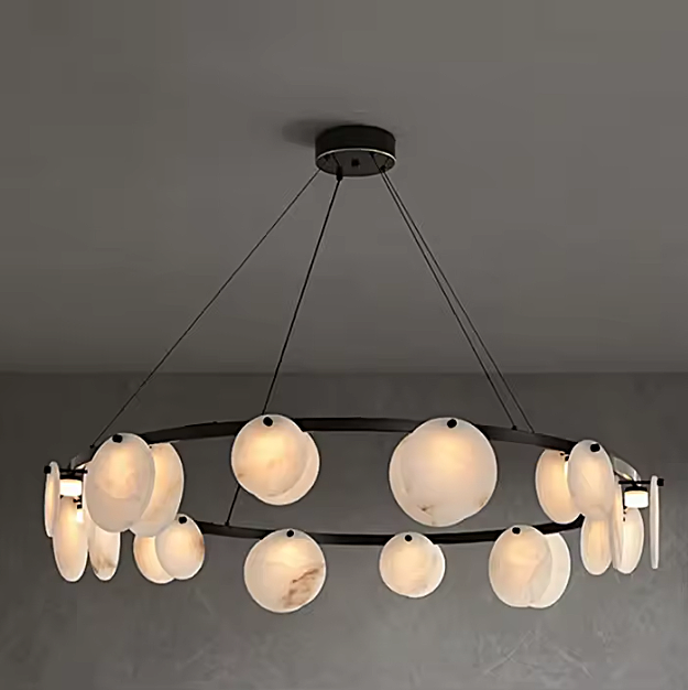 Modern alabaster disc chandelier with a black circular frame for a living room or foyer - L&B