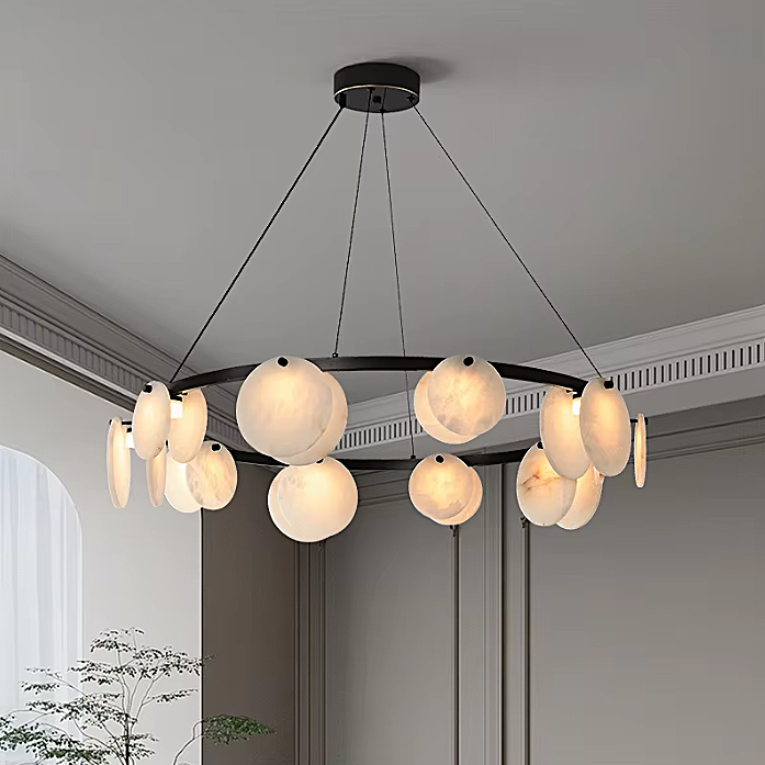 Organic alabaster disc chandelier in a quiet luxury living room interior - L&B
