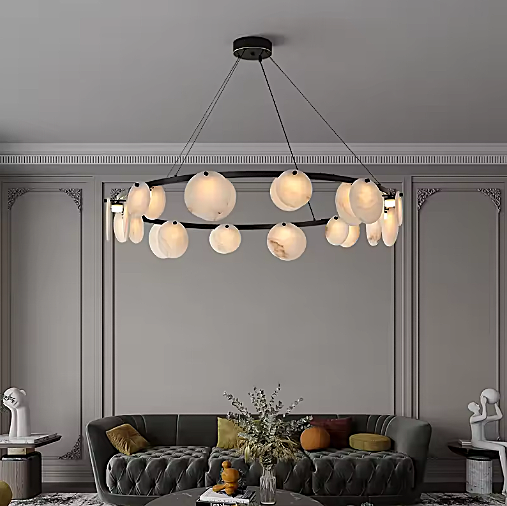 Alabaster disc ring chandelier in a contemporary dining room with warm ambient lighting - L&B
