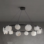 Sculptural modern chandelier with natural alabaster discs and a black ring frame - L&B