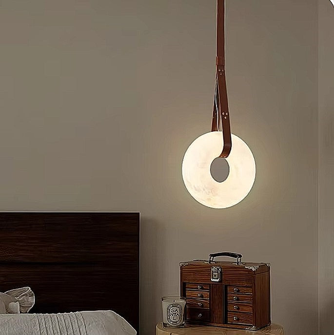 Alabaster bedroom pendant light for bedside lighting with a natural stone ring and warm illumination - L&B