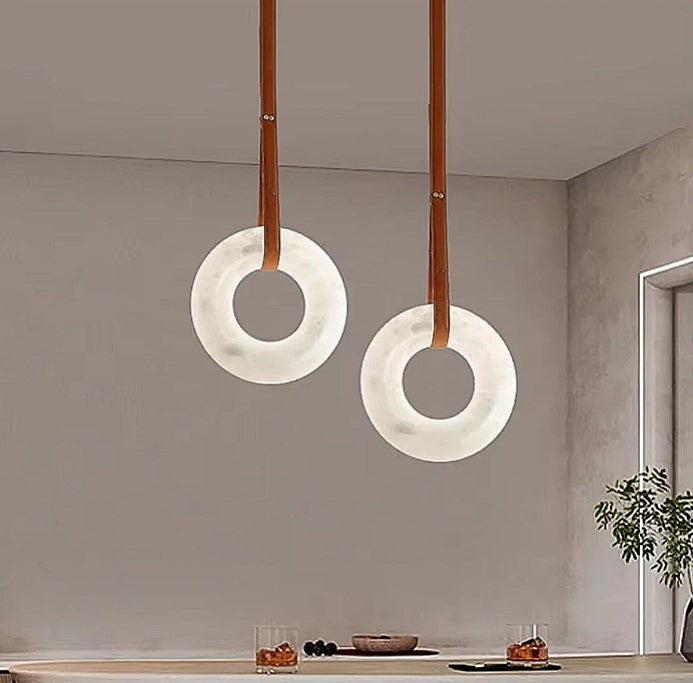 Alabaster pendant lights for kitchen island lighting with two sculptural stone rings and leather straps - L&B