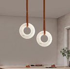 Alabaster pendant lights for kitchen island lighting with two sculptural stone rings and leather straps - L&B
