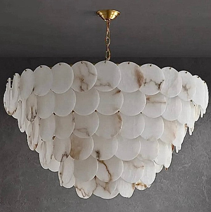Natural alabaster disc chandelier with cascading round panels and a brass chain shown unlit - L&B