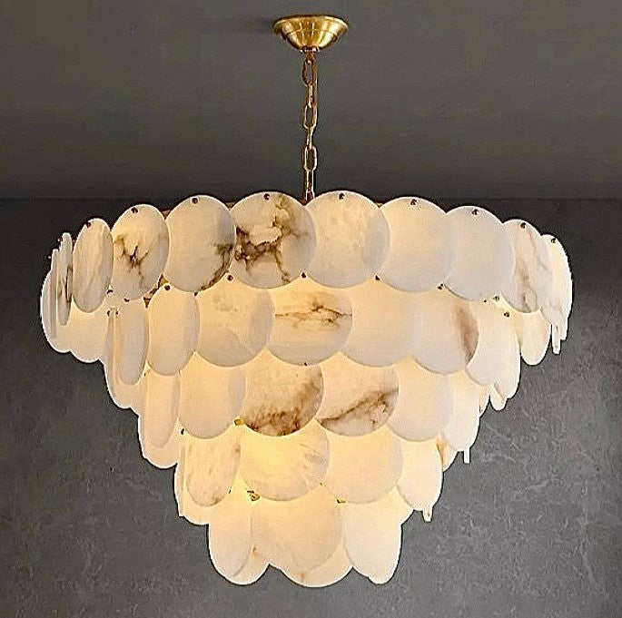 Large alabaster statement chandelier with cascading disc panels and natural stone veining - L&B