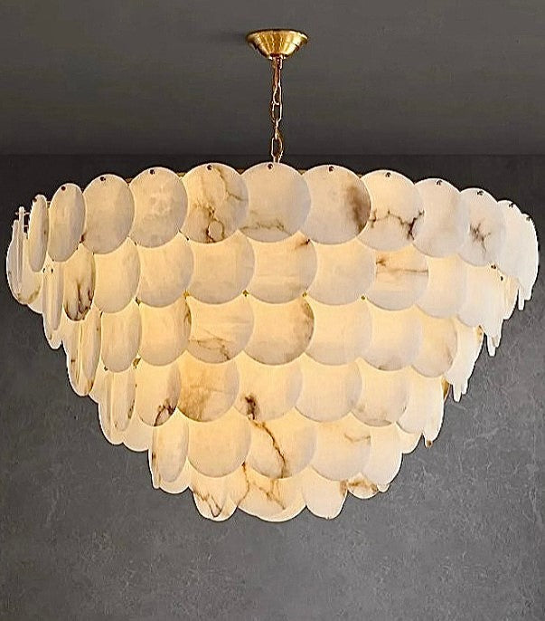 Multi-tier alabaster disc chandelier with layered round panels and warm ambient lighting - L&B