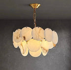 Modern alabaster disc chandelier with layered natural stone panels and a brass chain - L&B