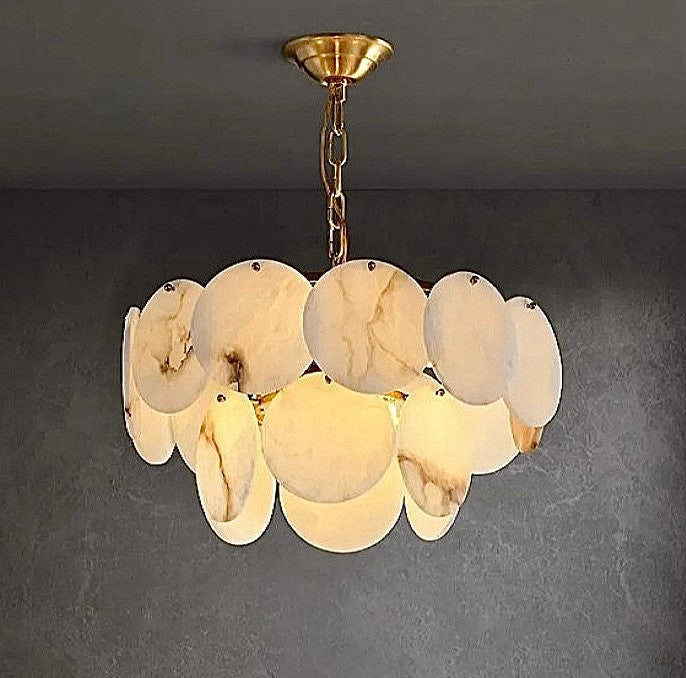 Modern alabaster disc chandelier with layered natural stone panels and a brass chain - L&B
