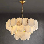 Tiered alabaster disc chandelier with natural stone veining and antique brass suspension - L&B