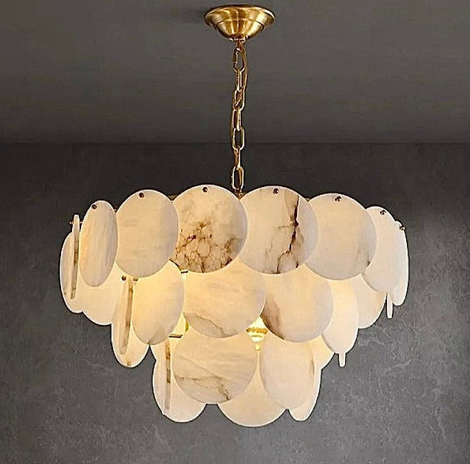 Tiered alabaster disc chandelier with natural stone veining and antique brass suspension - L&B