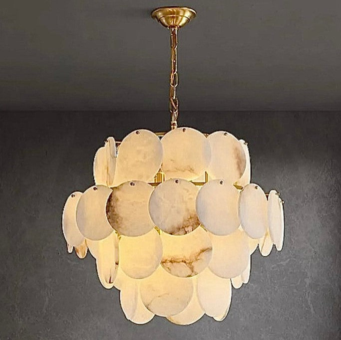 Sculptural alabaster disc chandelier with cascading round stone panels and a warm glow - L&B