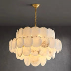 Round alabaster disc chandelier with a wide layered silhouette and brass chain suspension - L&B