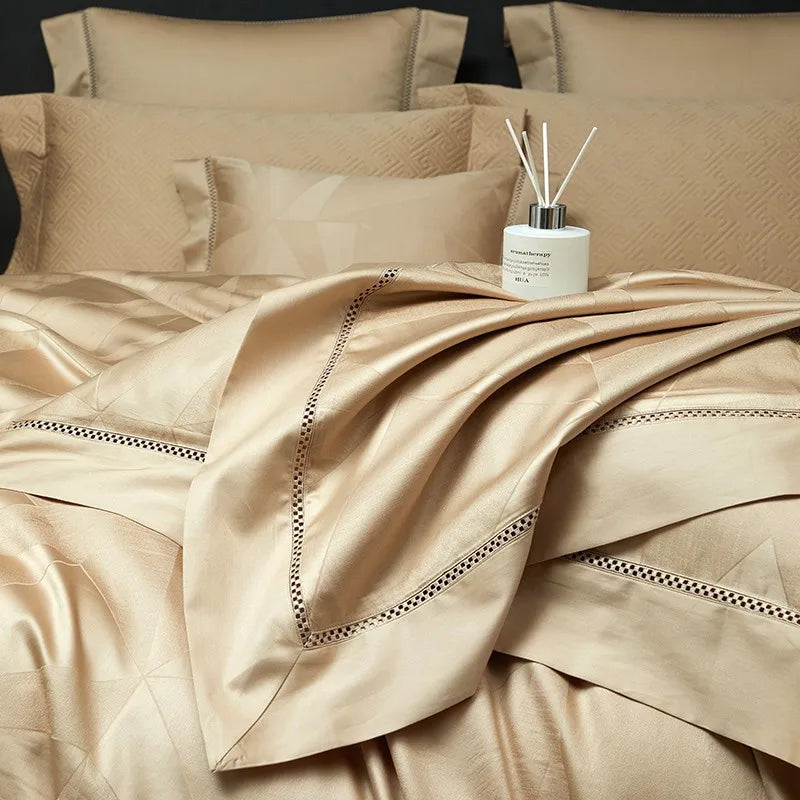 Champagne gold abstract geometric duvet cover with fluid drape and coordinating pillows, LUSTRA GOLD – L&B