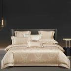 Gold damask duvet cover set in 1200TC Egyptian cotton satin with layered shams and a luminous jacquard finish - L&B