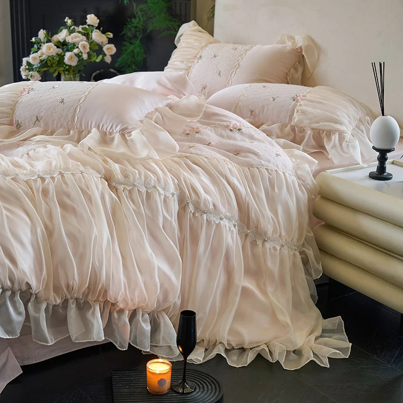 Blush pink ruffled lace duvet cover with a floor-length romantic bed skirt, RUBYLACE BLUSH – L&B