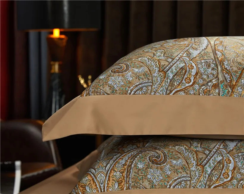 Gold and pale blue Egyptian cotton duvet cover with a contrasting solid reverse, ZLIKAN – L&B