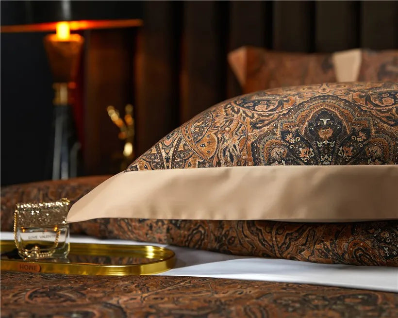 Brown paisley pillow sham with a wide beige flange and tailored edge, in modern bedroom, ZUVRIC – L&B
