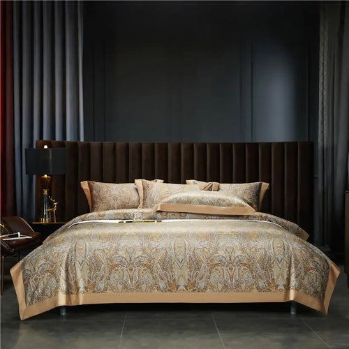 Gold and pale blue baroque duvet cover set in 1000TC Egyptian cotton on a dark modern bed – L&B