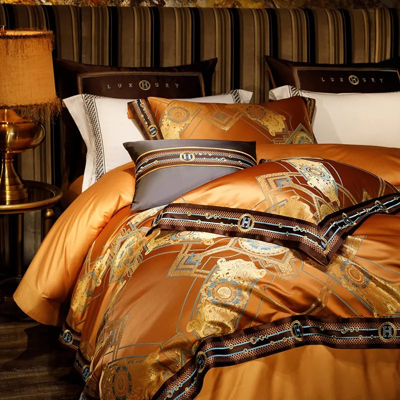 Orange and gold baroque bedding with a lustrous satin duvet and structured dark braided borders – ROYAL H. ORANGE – L&B