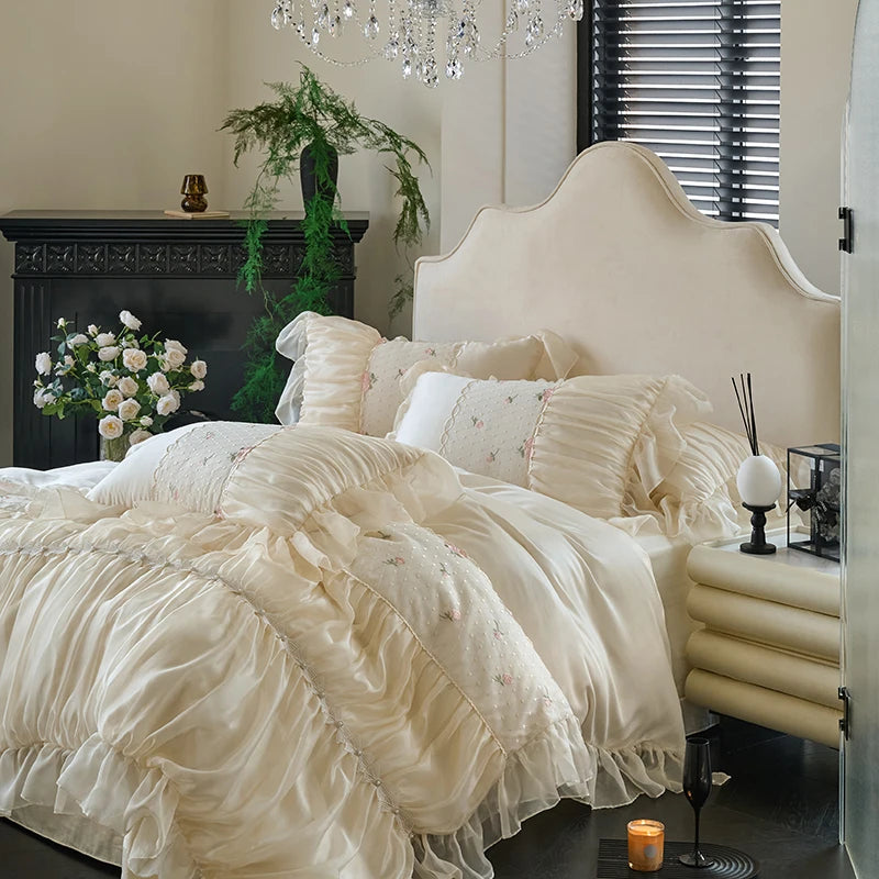Ivory princess duvet cover with layered ruffles and delicate floral embroidery, RUBYLACE IVORY – L&B