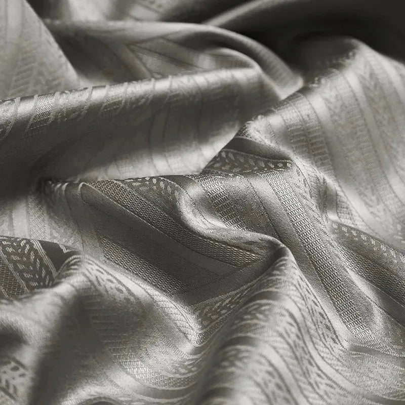 Close-up of lustrous pewter gray long-staple cotton fabric with geometric line texture, LUSTRA PEWTER – L&B
