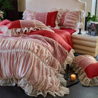 Red and white ruffled lace duvet cover layered with matching princess pillow shams, RUBYLACE RED – L&B