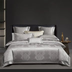 Silver gray damask duvet cover set in 1200TC Egyptian cotton satin with layered shams and a luminous jacquard finish – L&B