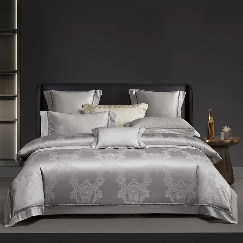 Silver gray damask duvet cover set in 1200TC Egyptian cotton satin with layered shams and a luminous jacquard finish – L&B