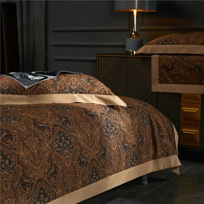 Brown paisley duvet cover set in a modern dark bedroom, ZUVRIC – L&B