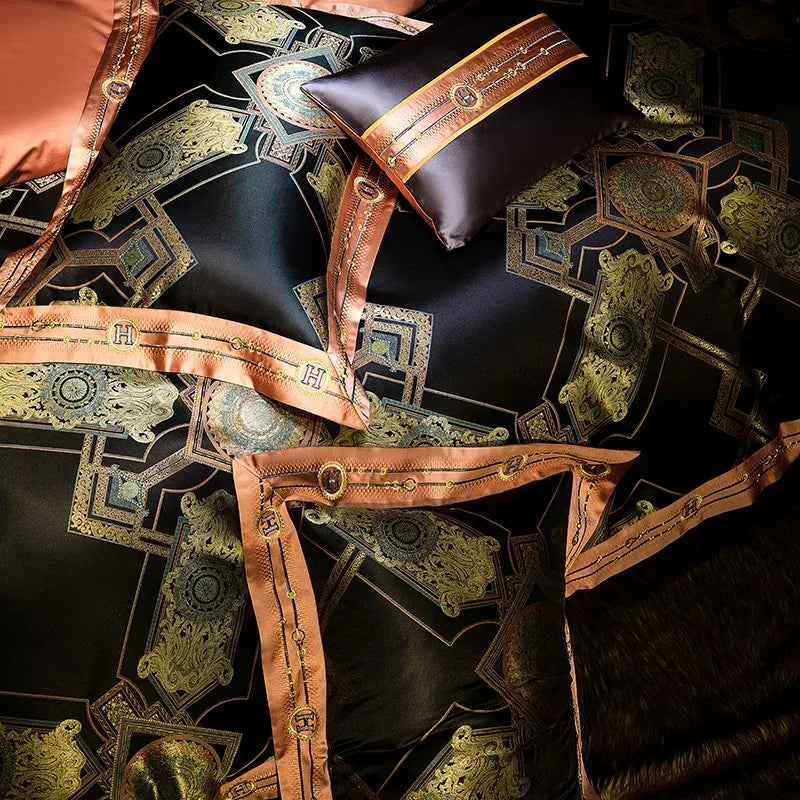 Black and gold pillow shams with ornate medallions and structured copper-toned borders – ROYAL H. BLACK – L&B