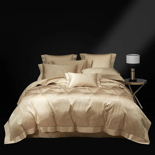 Champagne gold abstract geometric jacquard duvet cover and quilted bedspread set, LUSTRA GOLD – L&B