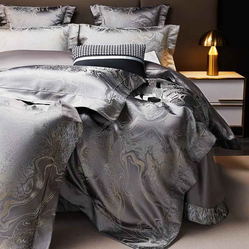 Deep grey Egyptian cotton duvet cover set with flowing metallic jacquard motifs and an elegant charcoal drape – L&B