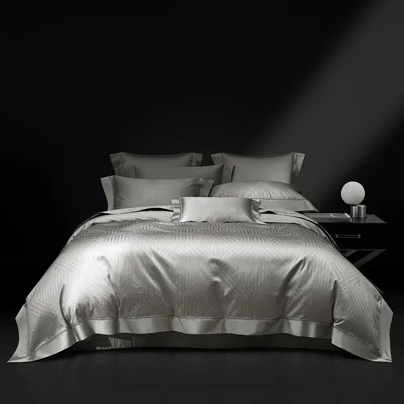 Pewter gray abstract geometric jacquard duvet cover and quilted bedspread set, LUSTRA PEWTER – L&B