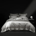 Pewter gray abstract geometric jacquard duvet cover and quilted bedspread set, LUSTRA PEWTER – L&B